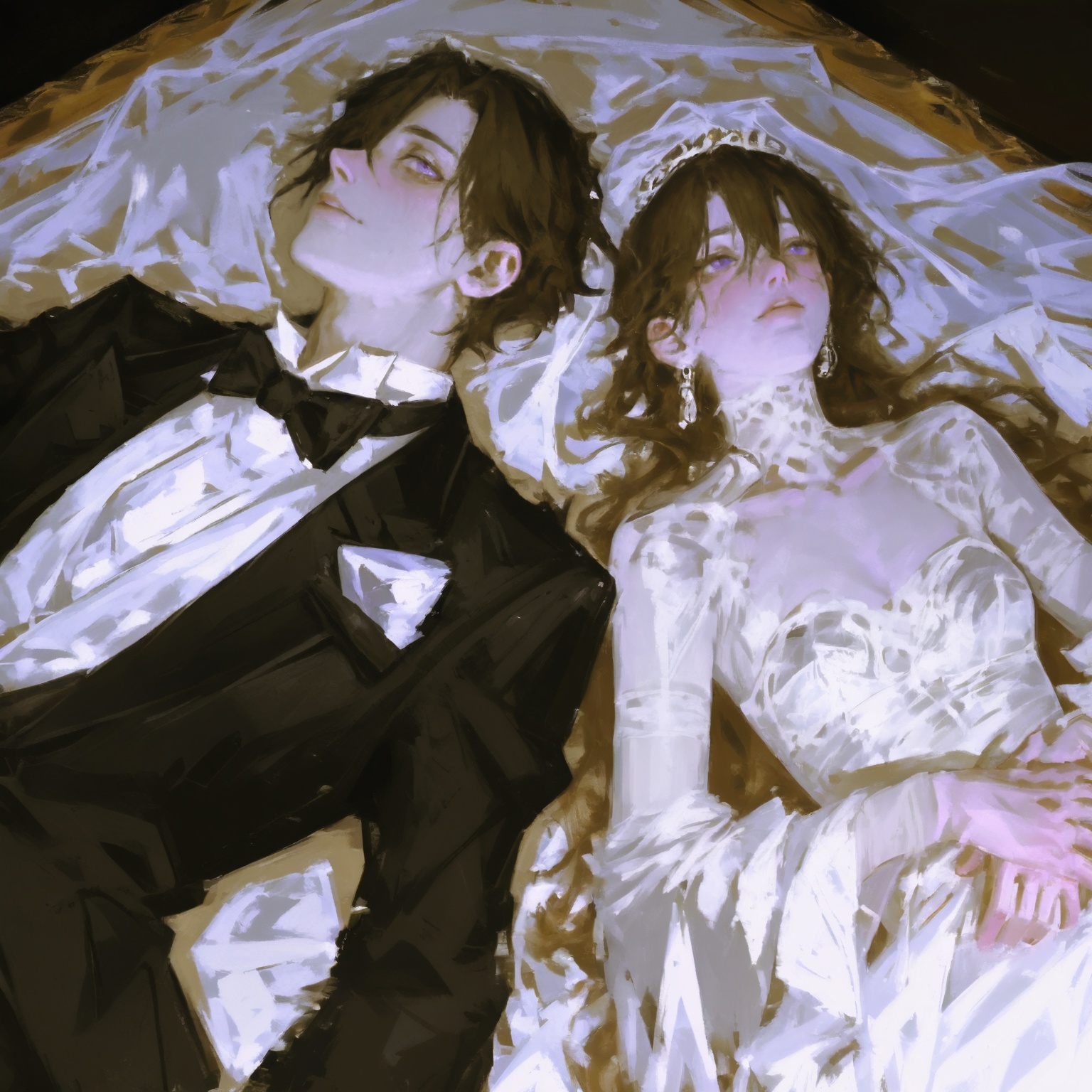 A young man in black tuxedo and long hair is lying on the bed,  holding his bride's hand with love,  her face covered by w...