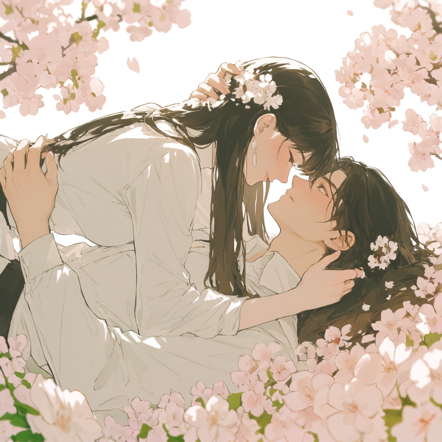 An anime-style illustration of two people lying under cherry blossoms,  the man holding his girlfriend's head in an embrac...