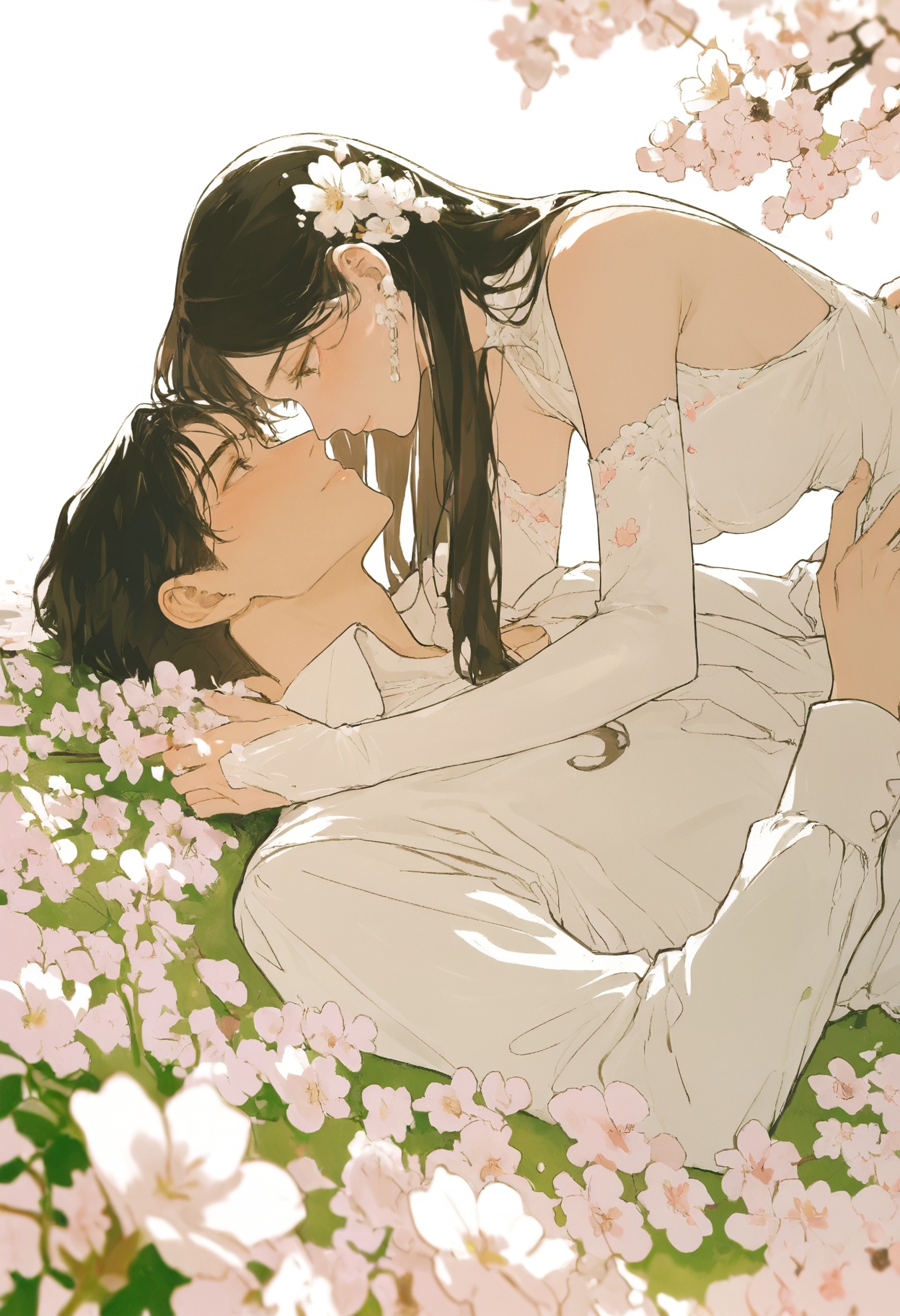 An anime-style illustration of two people lying under cherry blossoms,  the man holding his girlfriend's head in an embrac...
