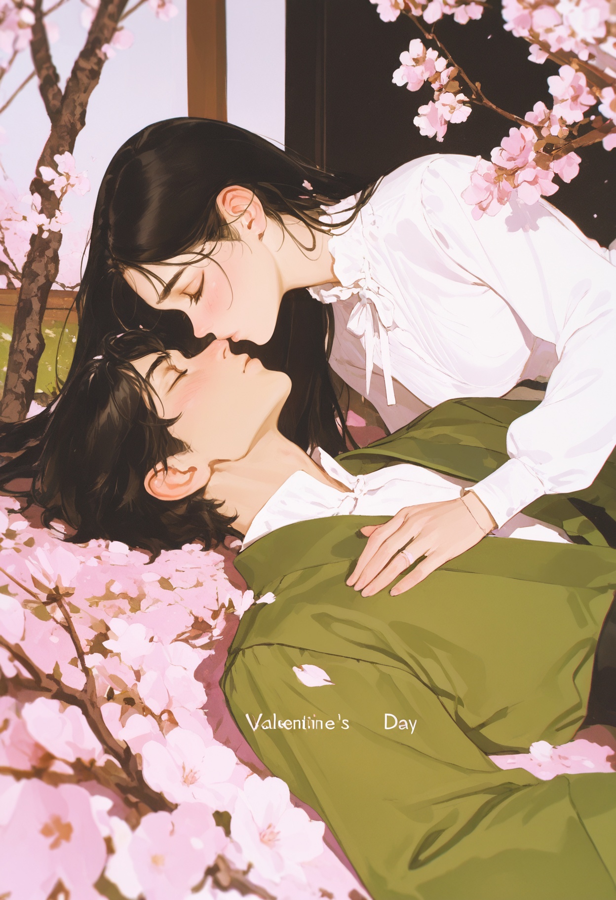 A young man and woman in love,  lying under cherry blossom trees. The girl has long black hair and is wearing white with p...