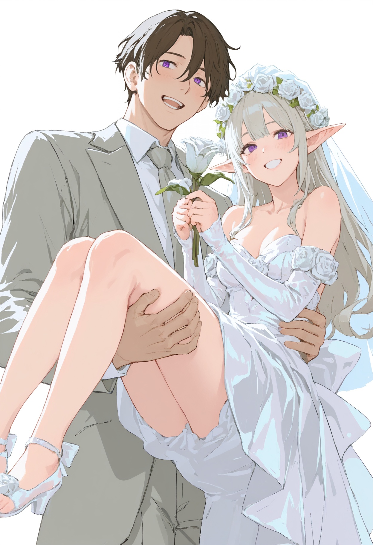 1girl,  1boy,  A cute elven bride with silver hair and purple eyes on Tensor.Art