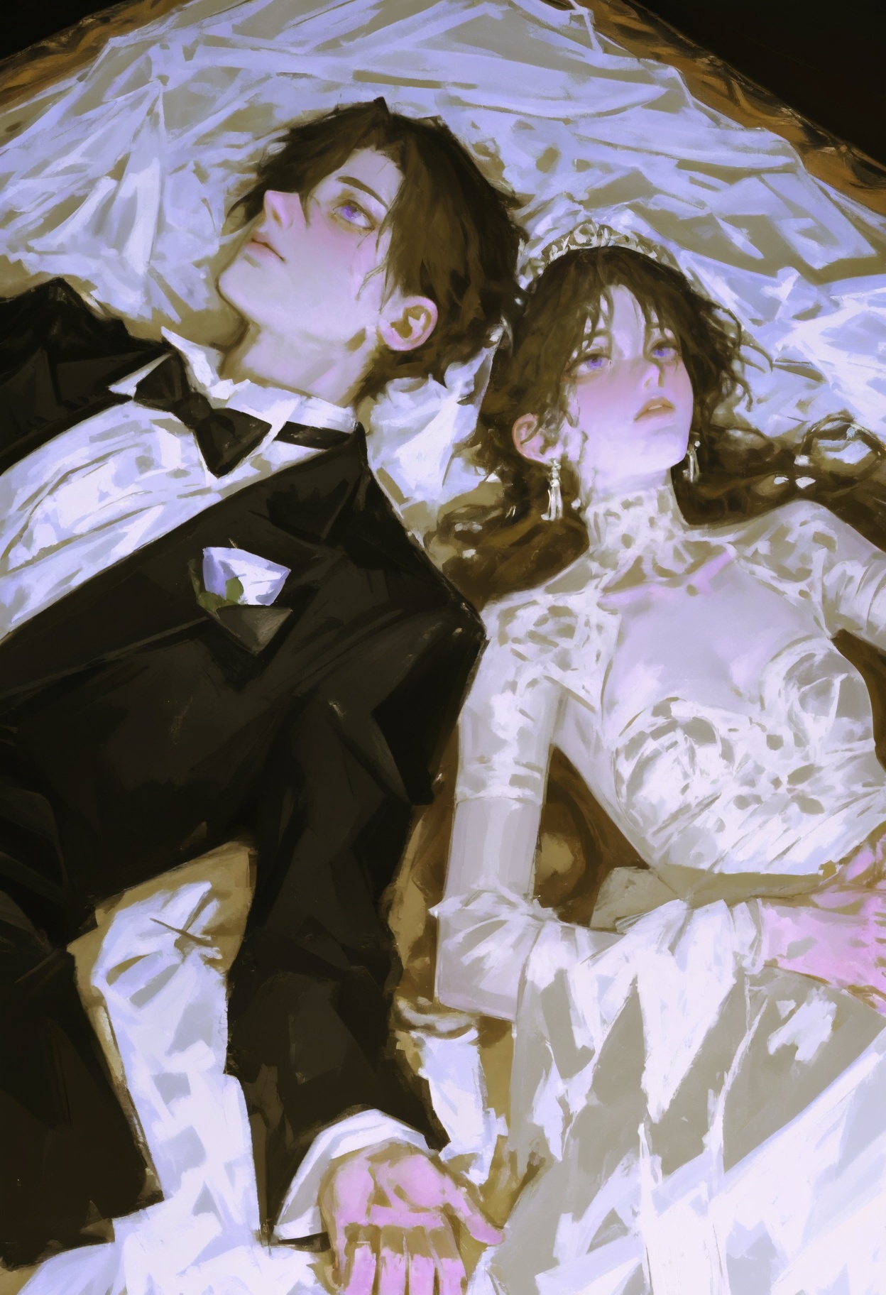 A young man in black tuxedo and long hair is lying on the bed,  holding his bride's hand with love,  her face covered by w...