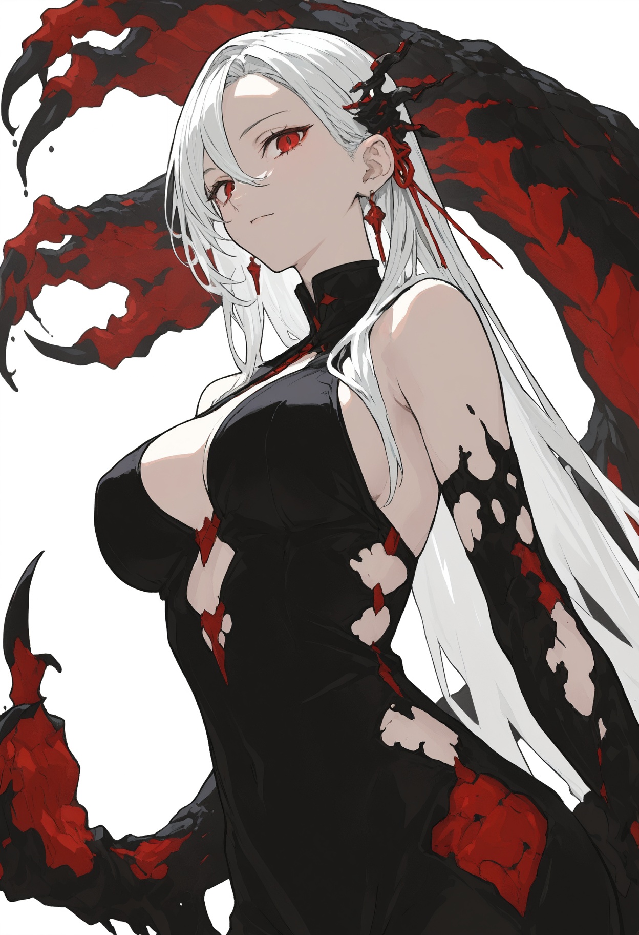 A beautiful woman with white hair and red eyes,  being consumed by the dark claws of a black dragon. Her body is covered i...