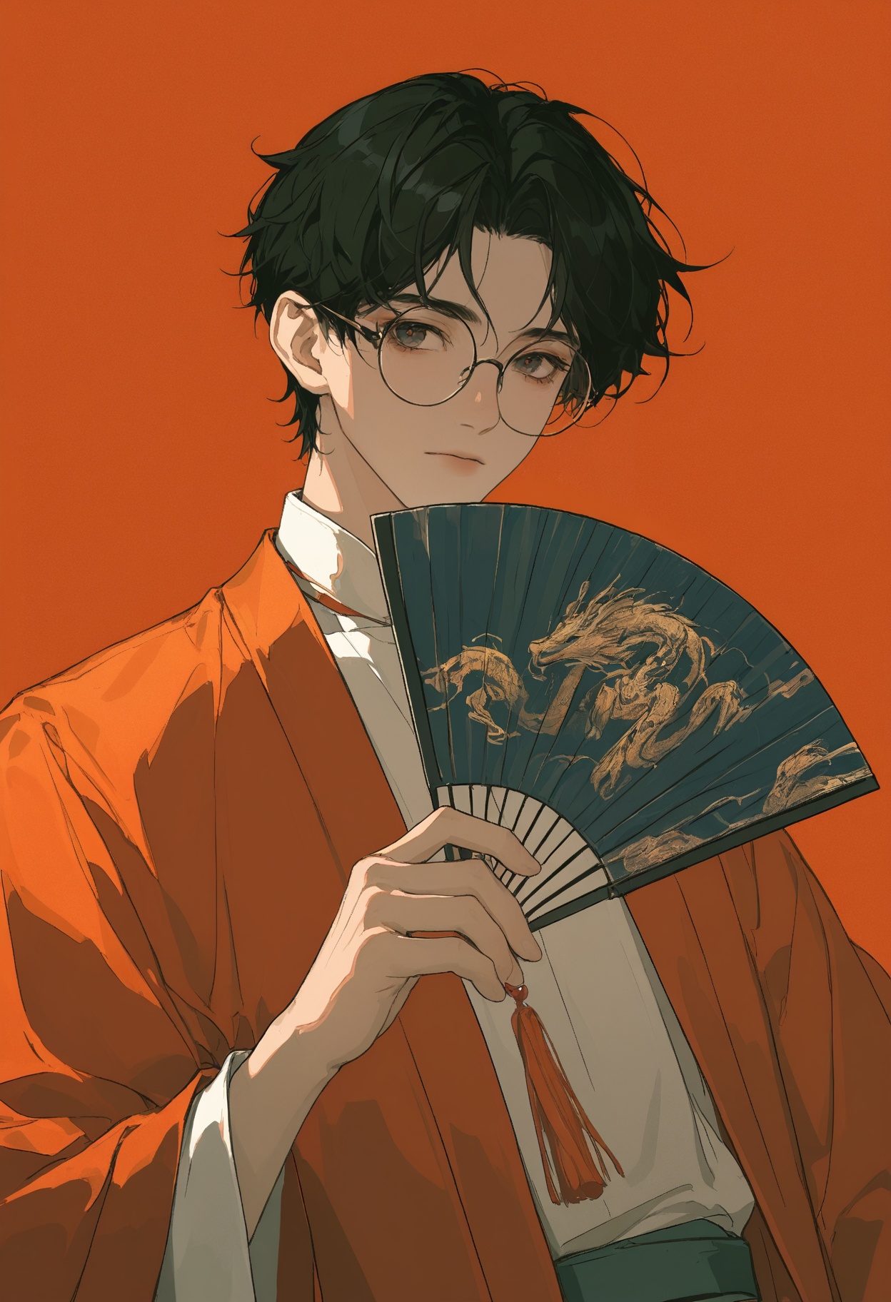 A young man with black hair,  wearing glasses and holding an ancient Chinese fan in his hand,  has exquisite facial featur...