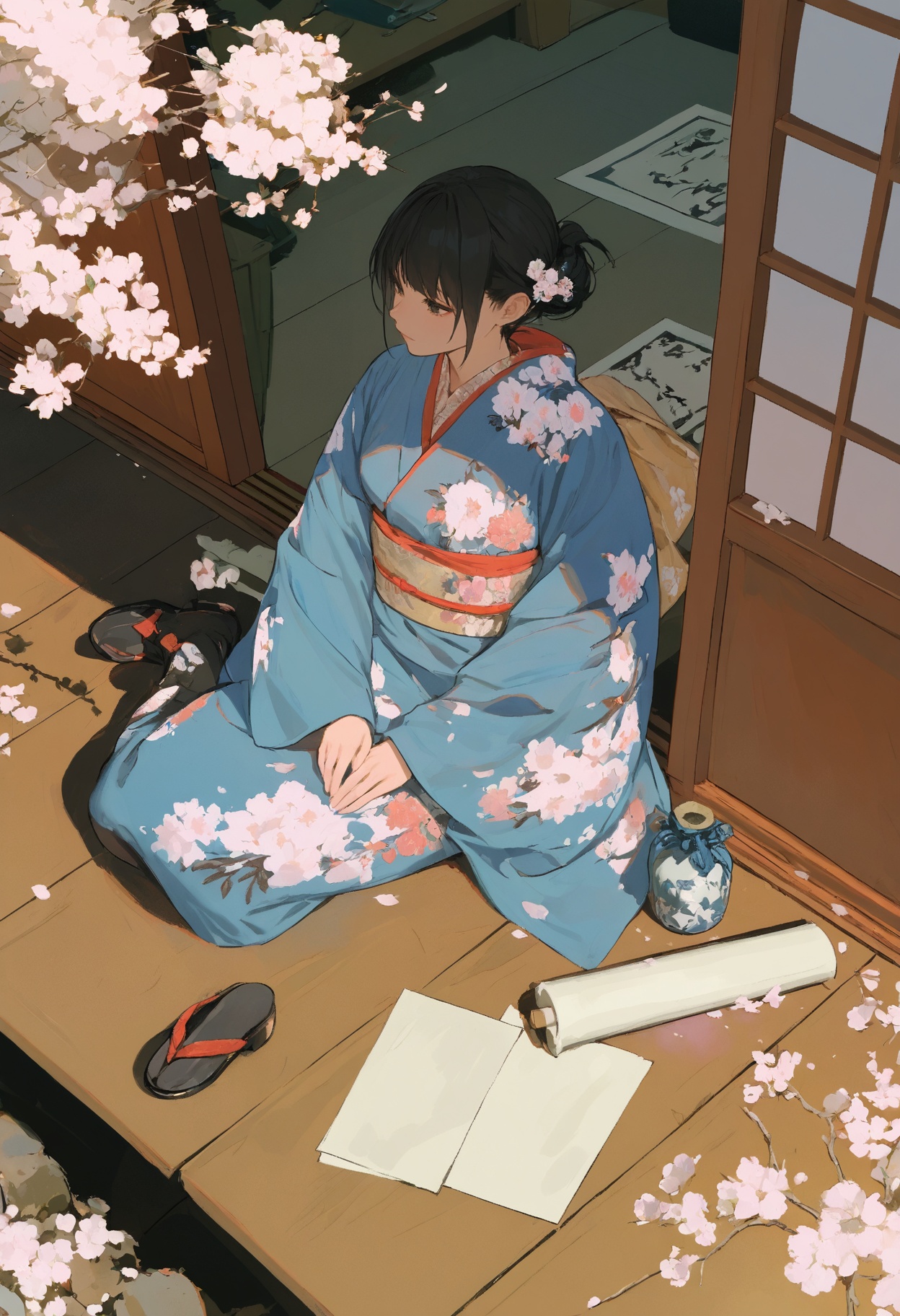 A beautiful Japanese girl in short blue is sitting on the ground,  with cherry blossoms floating next to her and hanging f...