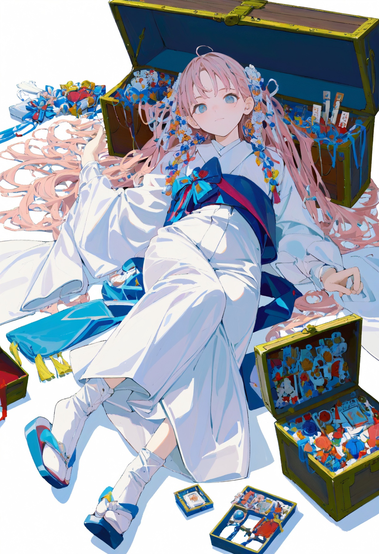 A detailed illustration of cute anime characters surrounded by various items,  including and accessories. The character is...