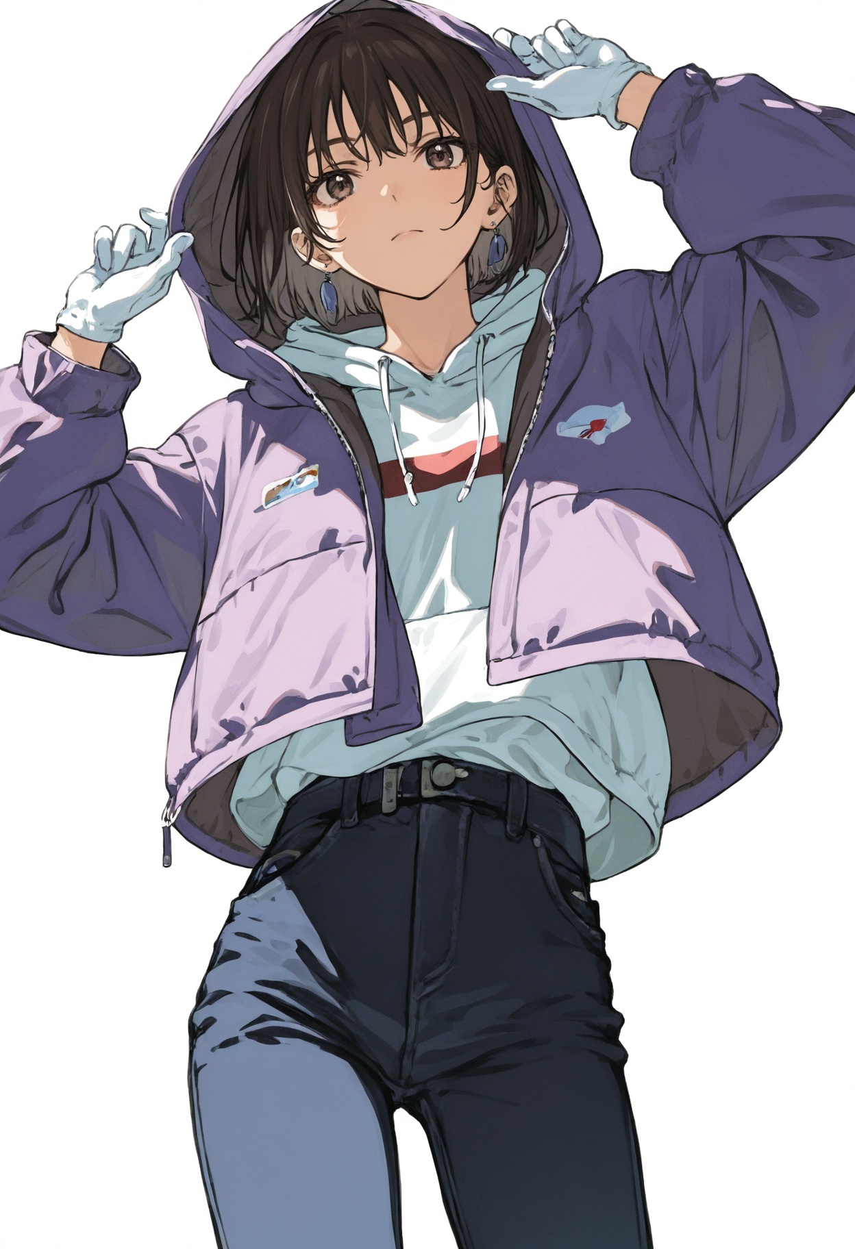 A girl with dark brown hair,  wearing black jeans and purple hoodie is posing while holding her hood up to the wind in ani...