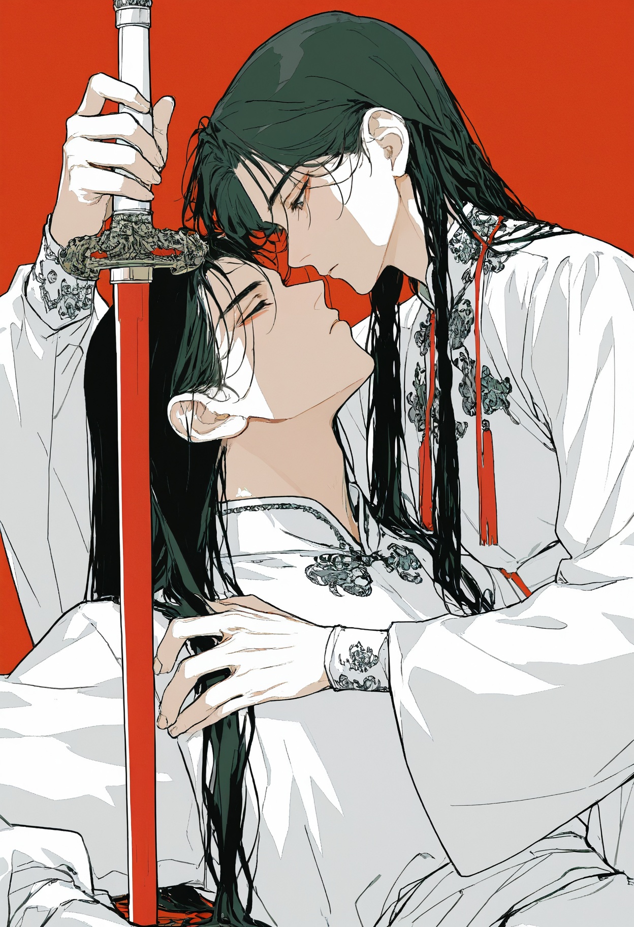 niji_sij1,  The anime-inspired,  ancient Chinese-style manga illustration depicts a character holding a sword and leaning...