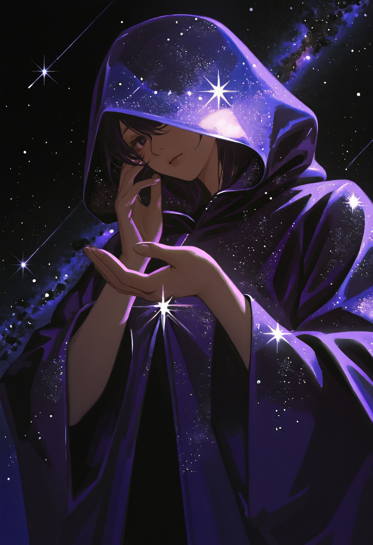 A close-up of an elegant,  dark purple raincoat with silver stars on it,  floating in space. A woman's hand is reaching ou...