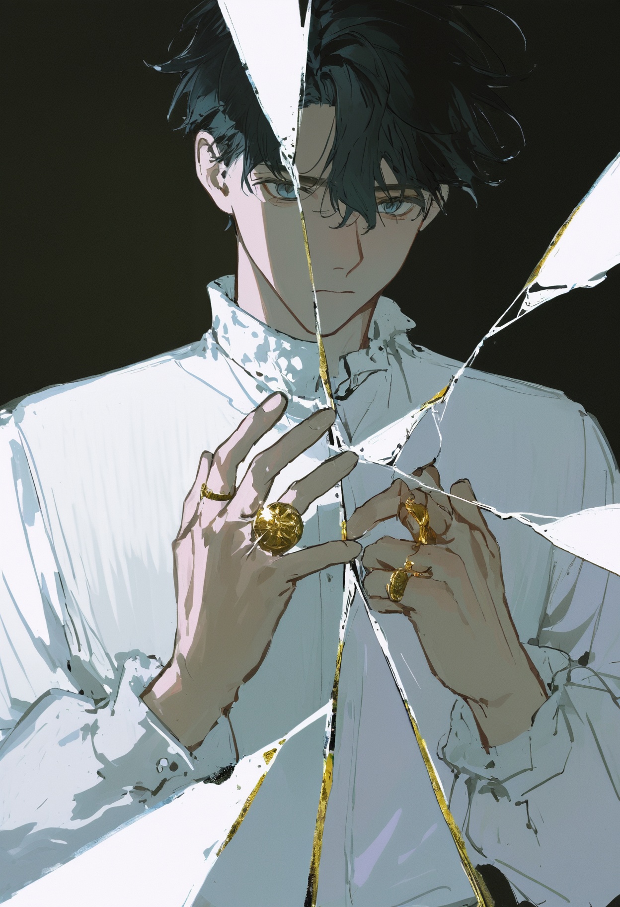 An anime-style male character,  with half of his face visible. He has black hair and blue eyes,  and is wearing a white sh...