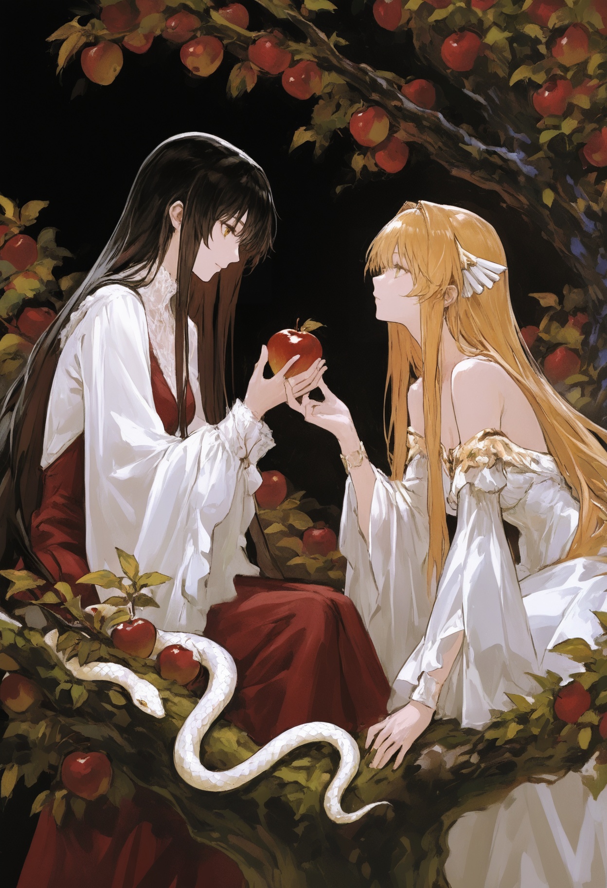 niji_sij1,  (2girls),  Eve in the Garden of Eden with a hand reaching out offering an apple. There is a tempter snake on t...
