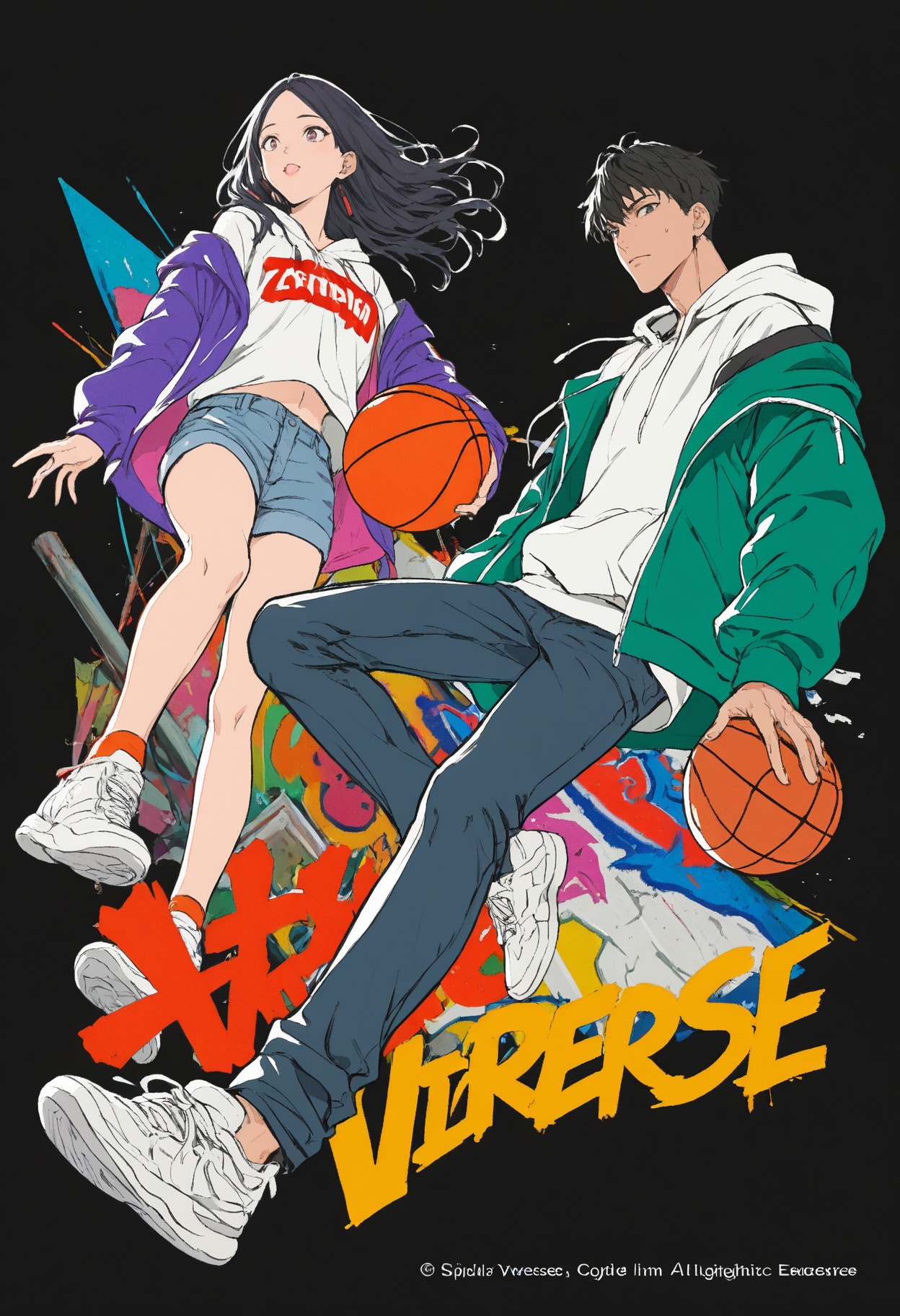 1girl,  1boy,  a sporty couple in hoodies and jeans and basketball clothes on Tensor.Art