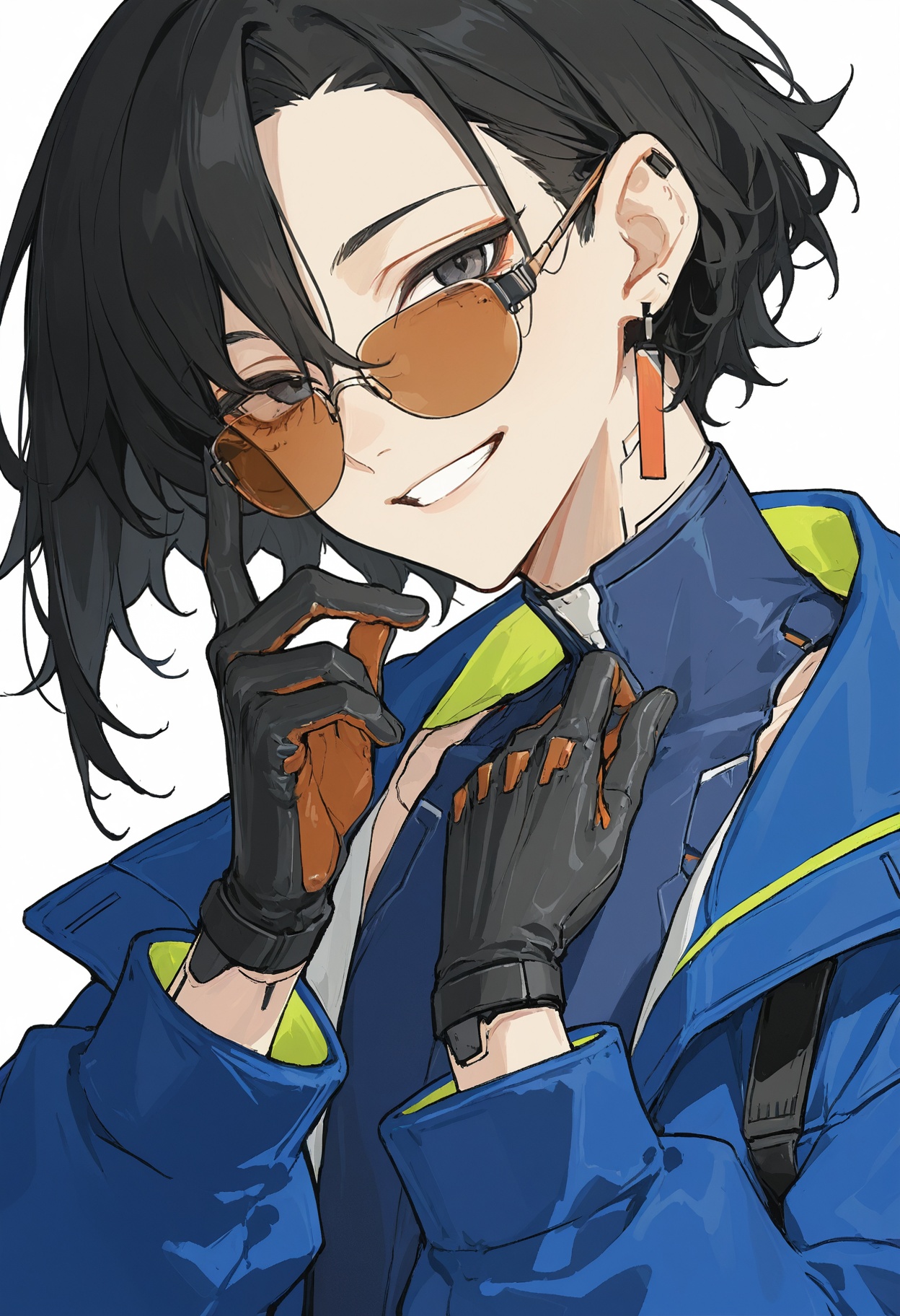 Smiling,  pixiv anime illustration of an androgynous person with shoulder-length wavy black hair,  wearing a blue cyberpun...