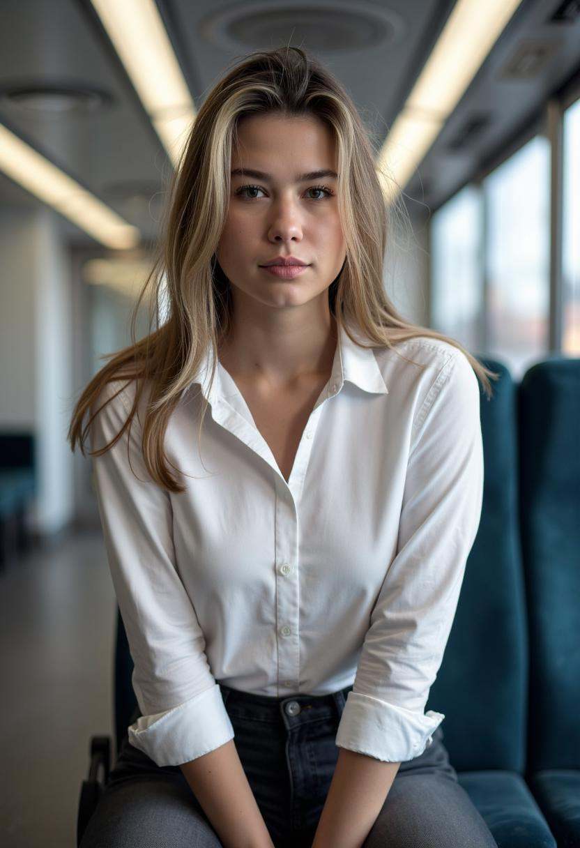 A sharp,  high-contrast portrait of Lilu Shade taken with a Canon EOS 5D Mark IV and a 50mm lens at f/1.8,  featuring her...