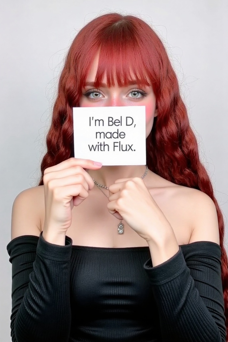 This is a photograph of a young woman with long red hair. She has a subtle smile. She is holding a white card with black t...