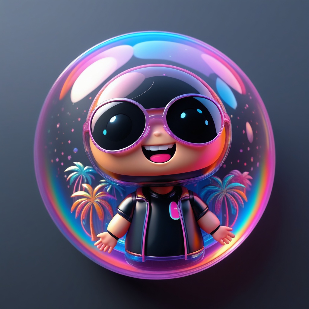 amazing kawaii chibi avatar of miami beach hologram under a spheric plastic bubble,  black paper background,  colourful on...
