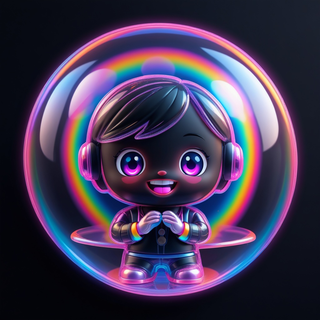 amazing kawaii chibi avatar of miami beach hologram under a spheric plastic bubble,  black paper background,  colourful on...