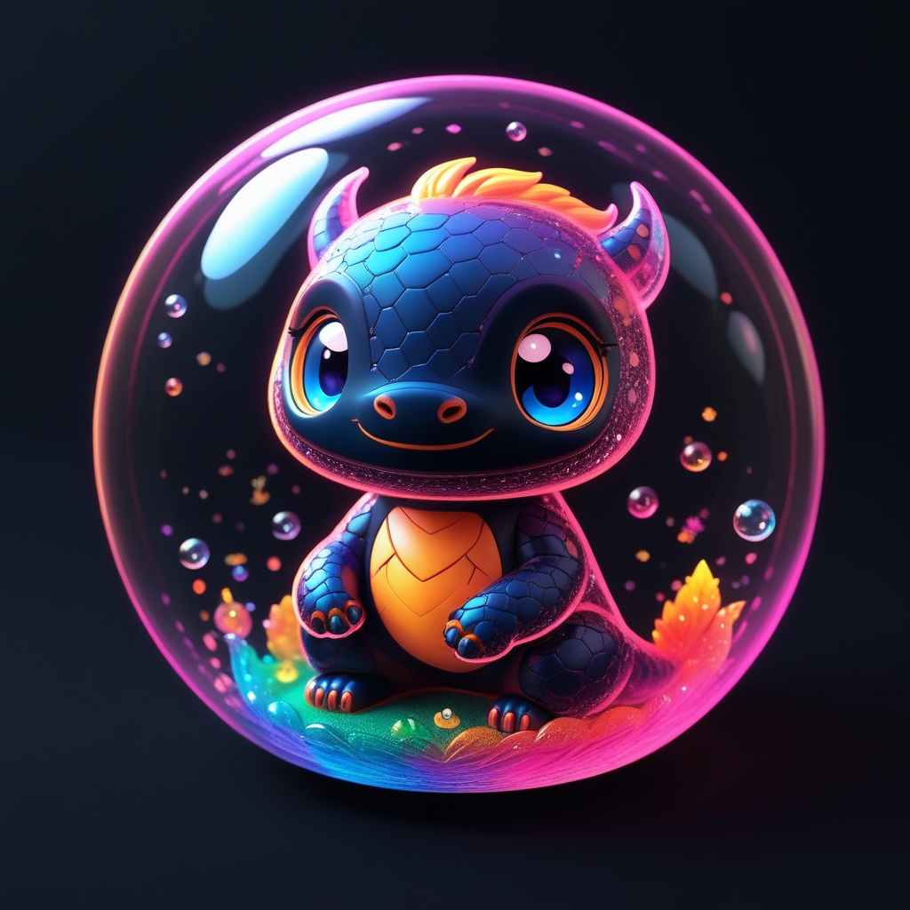 amazing kawaii chibi avatar fantasy dragon under a spheric plastic bubble,  black paper background,  colourful on Tensor.Art