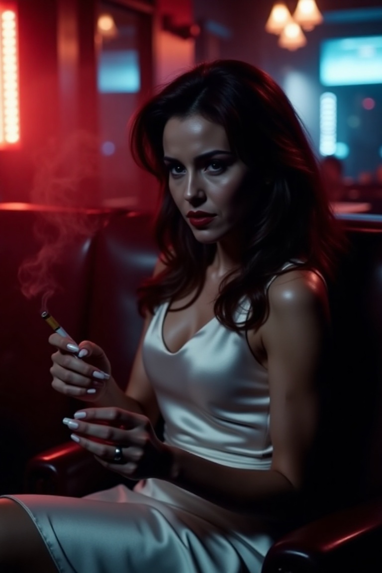 a mysterious brunette woman in a white silk dress,  sitting alone in a smoky nightclub lounge,  holding a cigarette betwee...