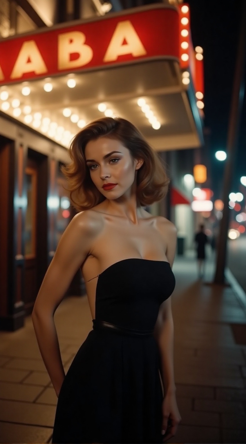20-year-old woman,  dressed like a 50s starlet,  standing in front of retro cinema on Tensor.Art