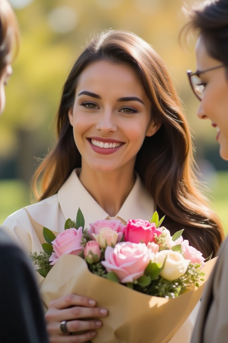 cheerful college girl,  Parents’ Day,  holding a beautiful flower bouquet on Tensor.Art