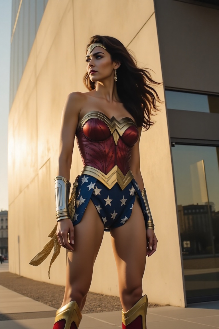 20-year-old woman,  Wonder Woman outfit from WW84,  standing confidently in front of modern European architecture on Tenso...
