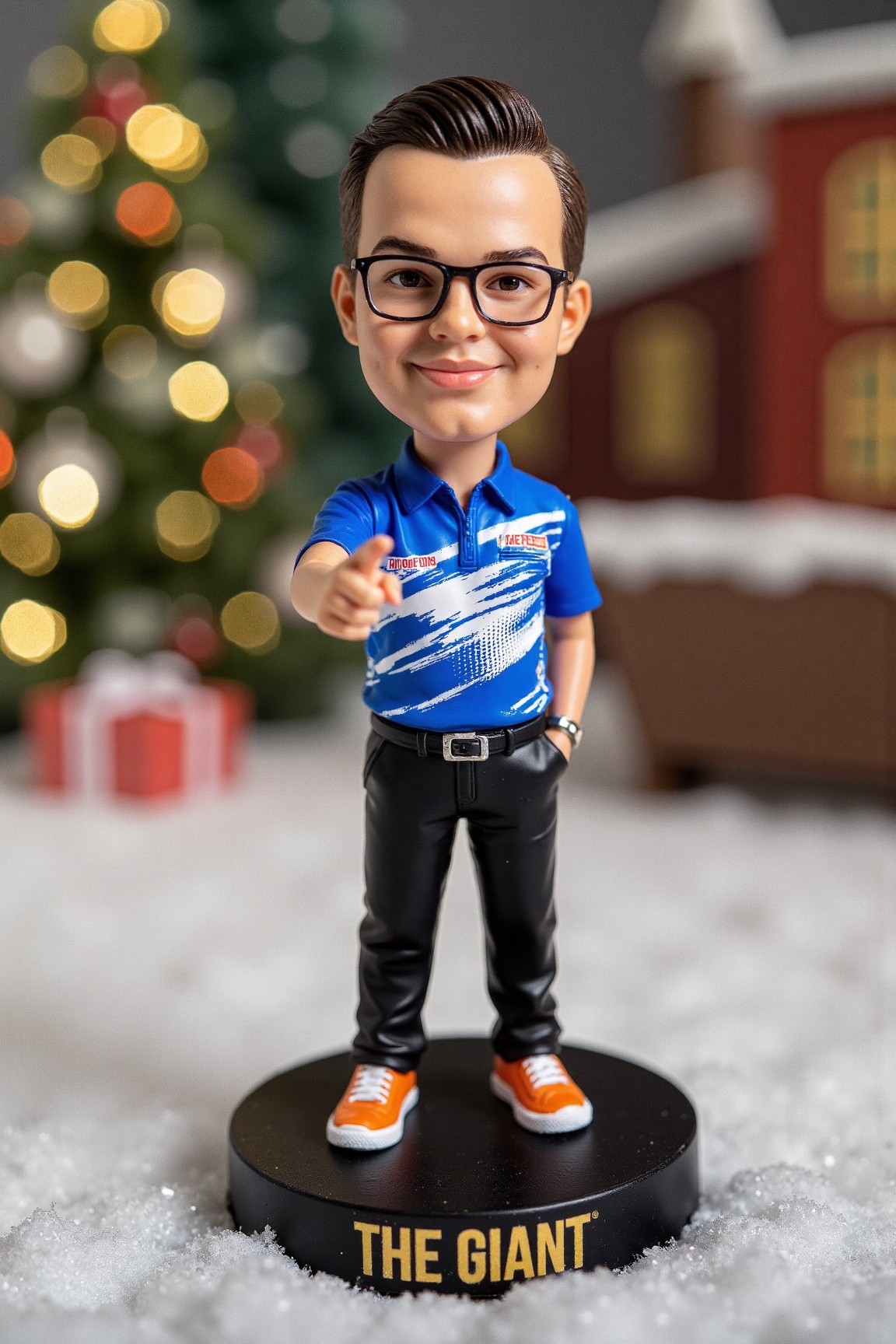 A high-resolution photo of a detailed,  miniature bobblehead action figure of g14nvV,  a man standing on a round on Tensor...
