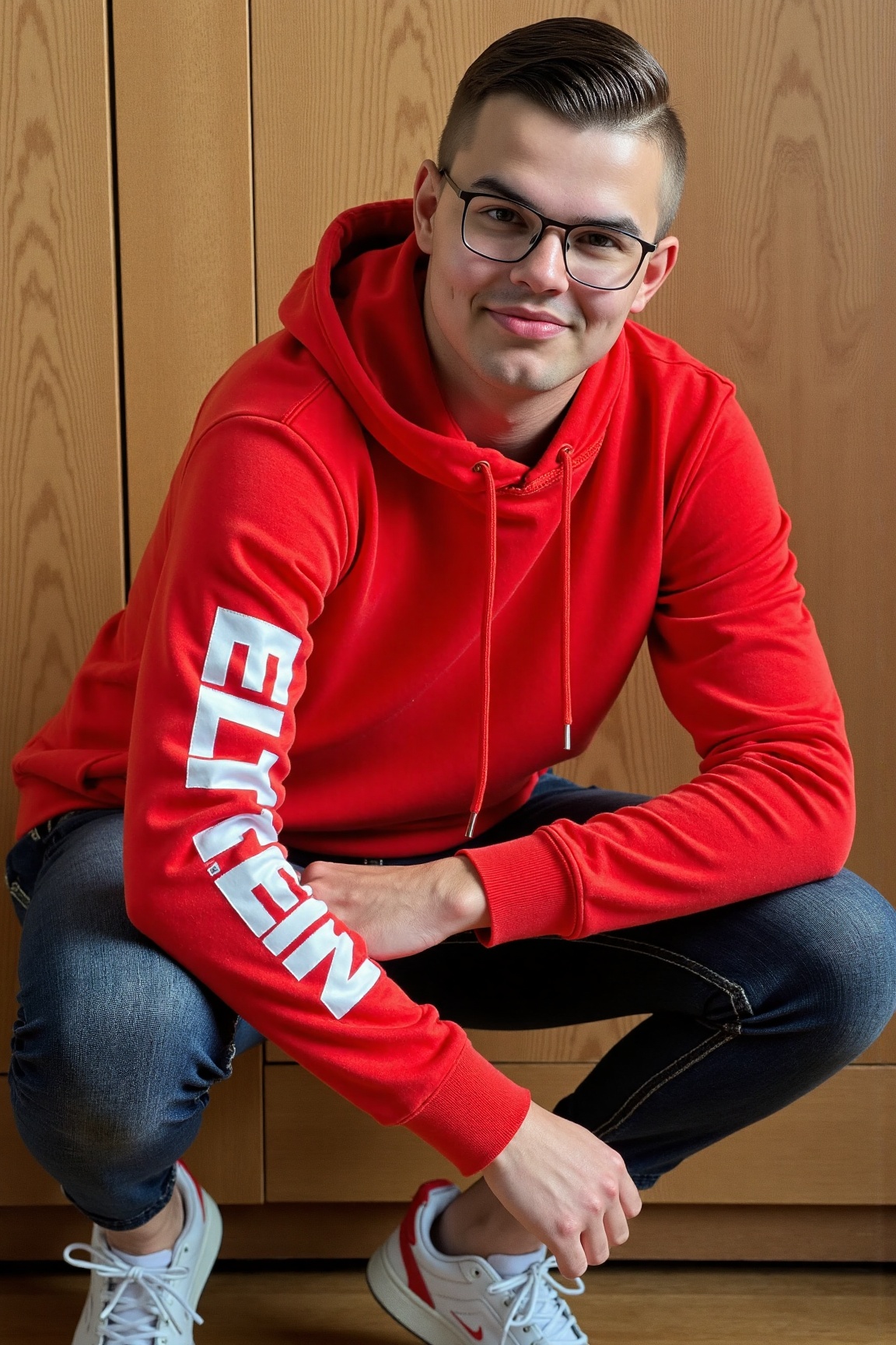 A high-resolution photo of a young man posing against a wooden backdrop. The person is wearing a bright red hoodie with th...
