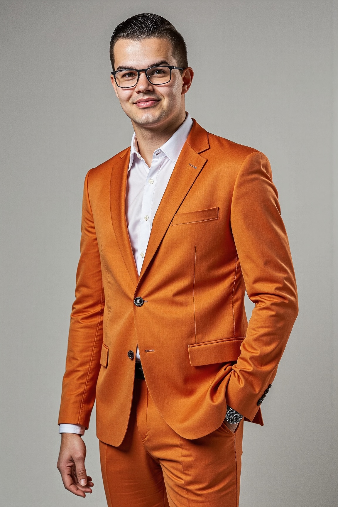A high-resolution photo of a young man dressed in a smart orange suit over a crisp white dress shirt. He is wearing glasse...