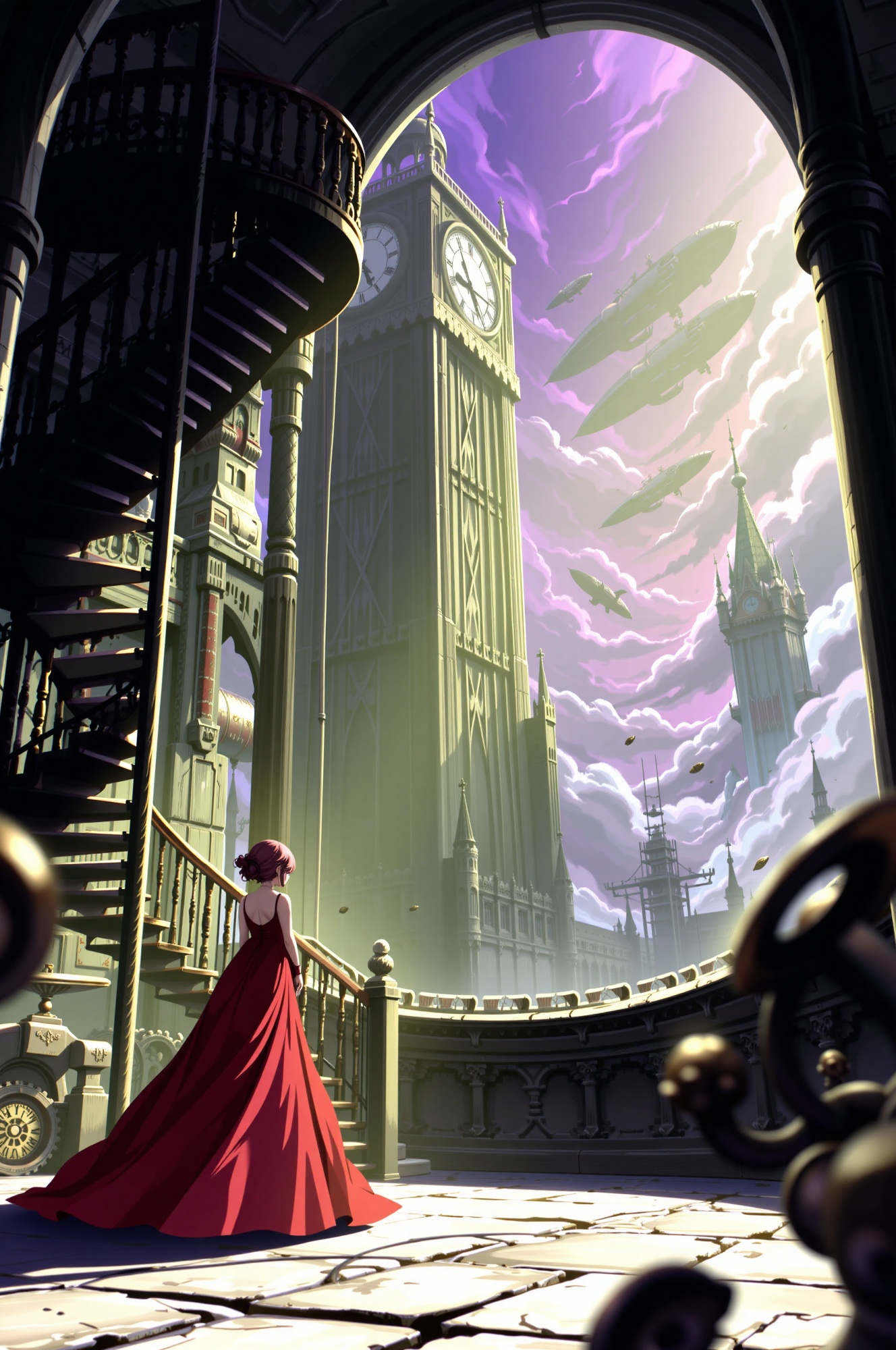 A dramatic anime scene of a lone figure in a vibrant crimson gown with a sweeping train standing pensively beside a dark,...