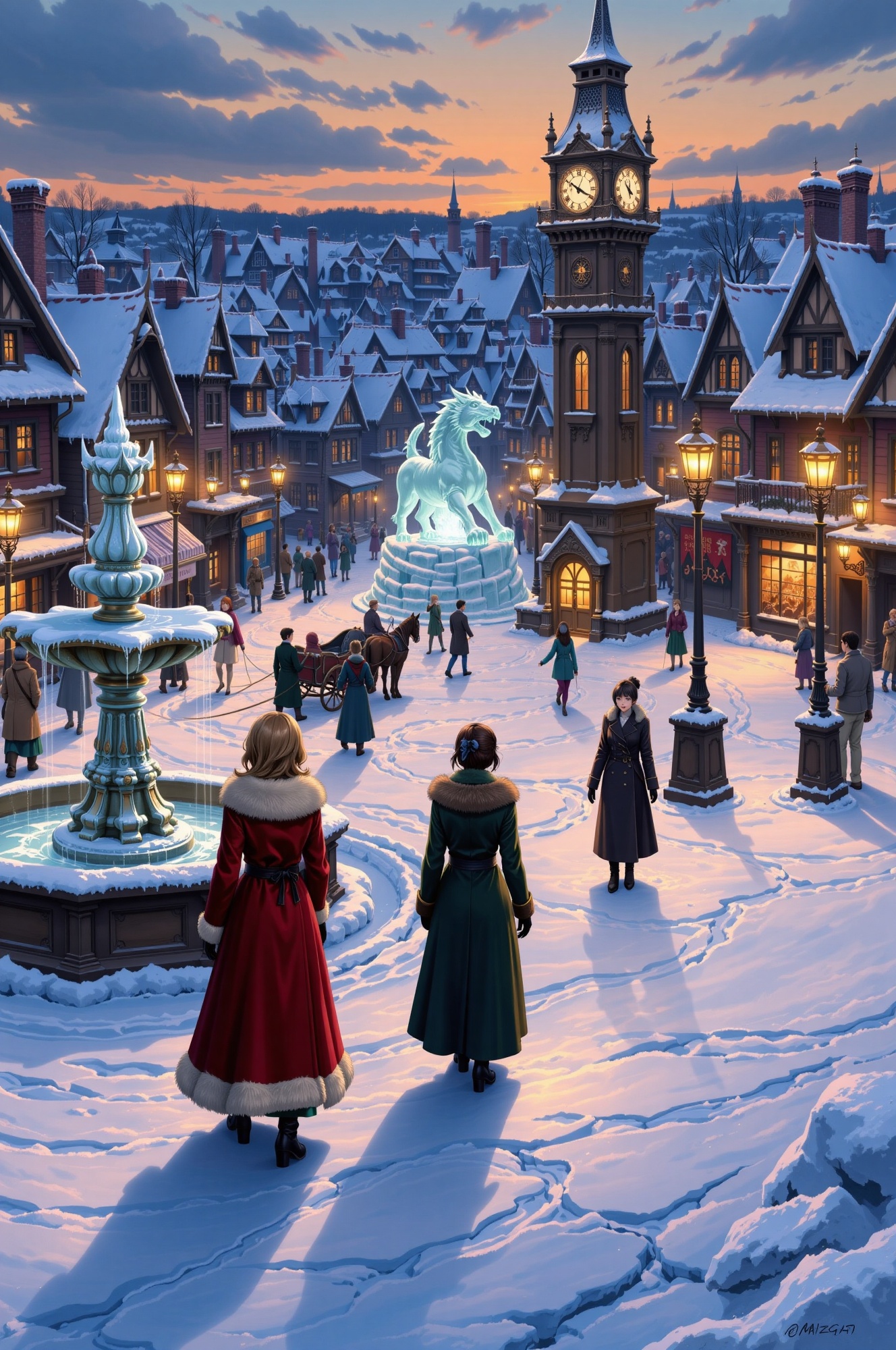 A dramatic anime scene of a snow-covered Victorian town square at dusk,  where numerous figures in warm,  bundled clothing...