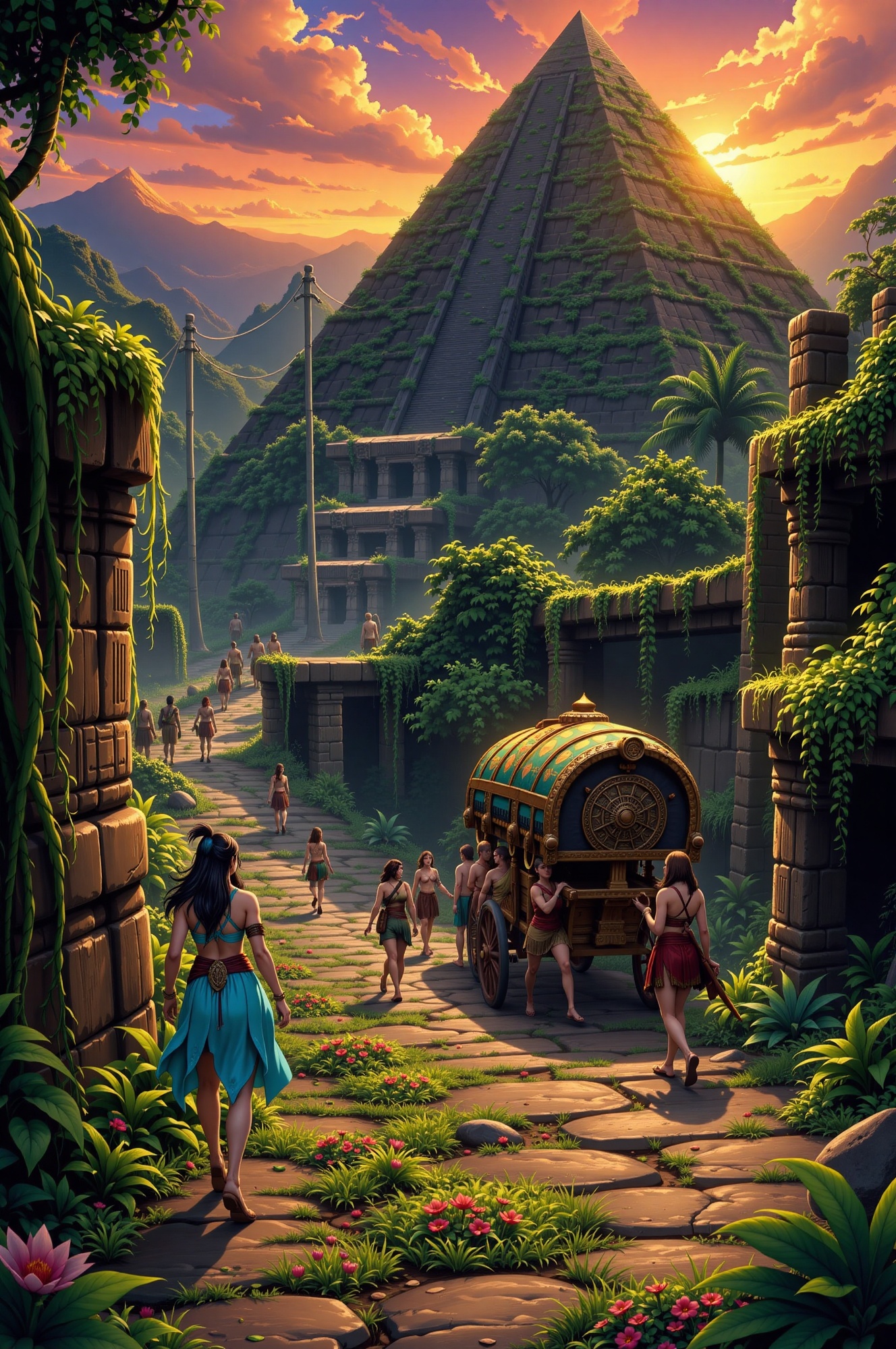 A dramatic anime scene of a lush,  jungle-covered ancient city at sunrise,  where numerous figures in tribal attire move t...