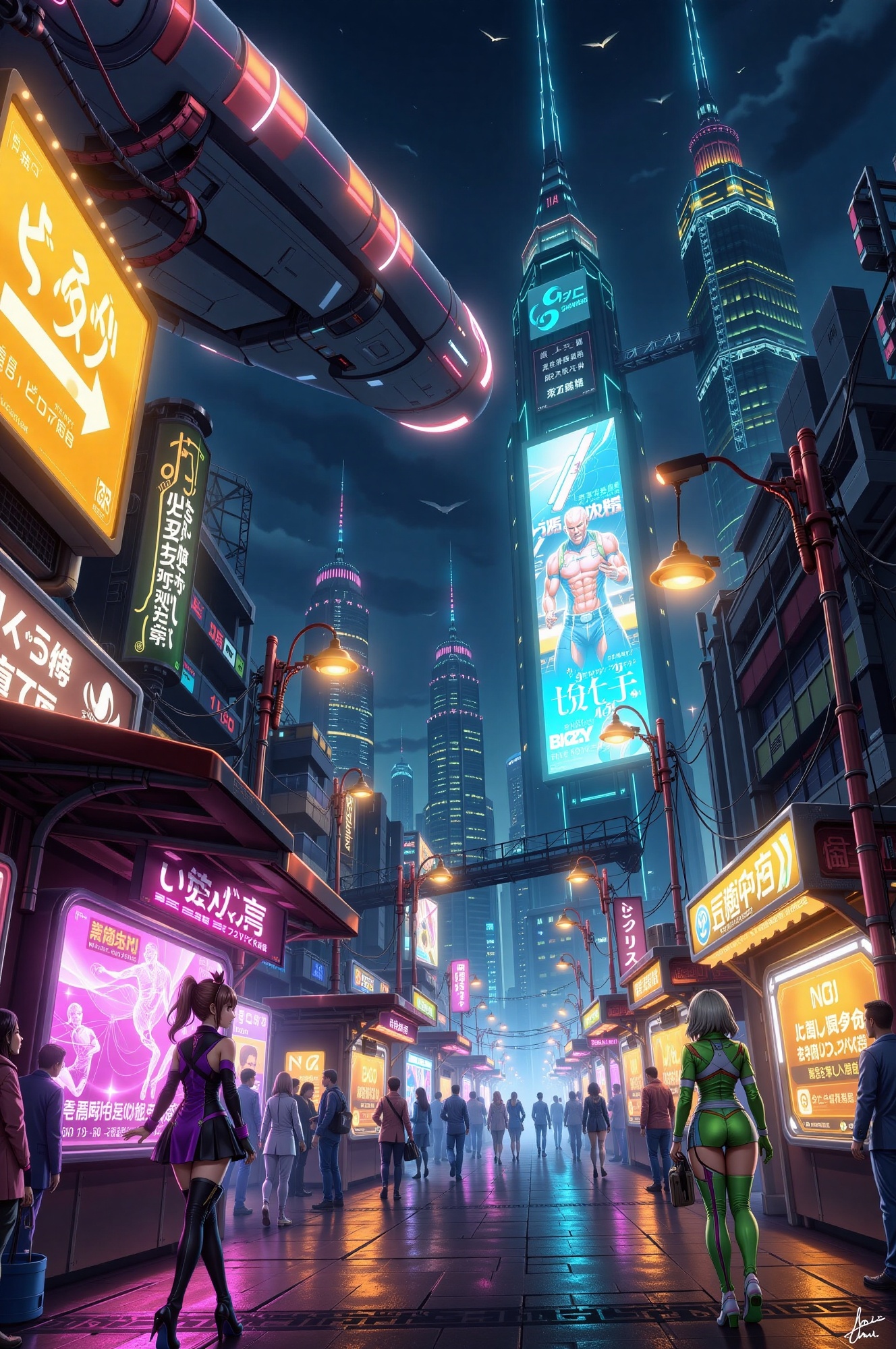 A dramatic anime scene of a vibrant,  neon-lit cyberpunk marketplace at night,  where numerous figures in futuristic attir...