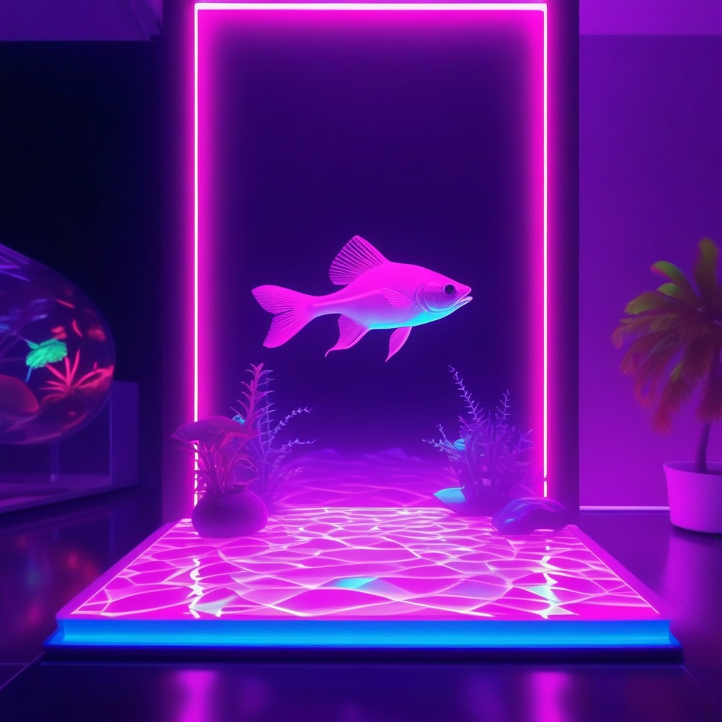 aquarium with radioactive glowing fish in the house in the night,  refractions on the wall behind,  mutated geometric glow...