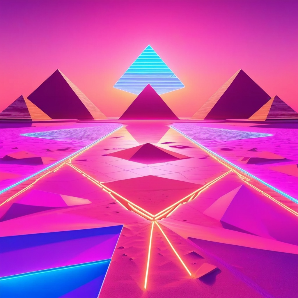 desert with geometric Pyramids in Egypt,  bathed in a warm glow. The iconic boardwalk is transformed into a canvas of geom...