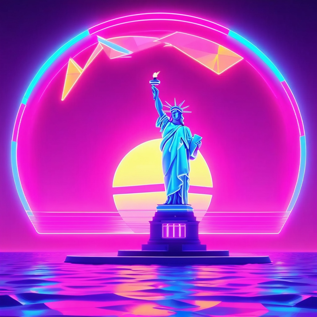 synthwave,  miami beach hologram,  featuring geometric NEON Statue of liberty on Tensor.Art