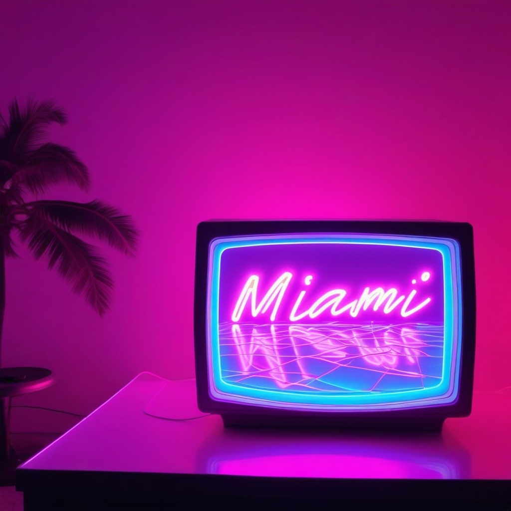 focused on a CRT screen old tv displaying miami beach hologram,  neon text "MIAMI" on Tensor.Art