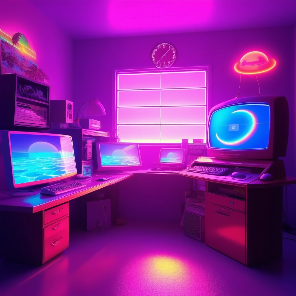 old computer desktop was left turned on and its crt monitor screen is alive and emitting magical rays,  cute gaming room,...
