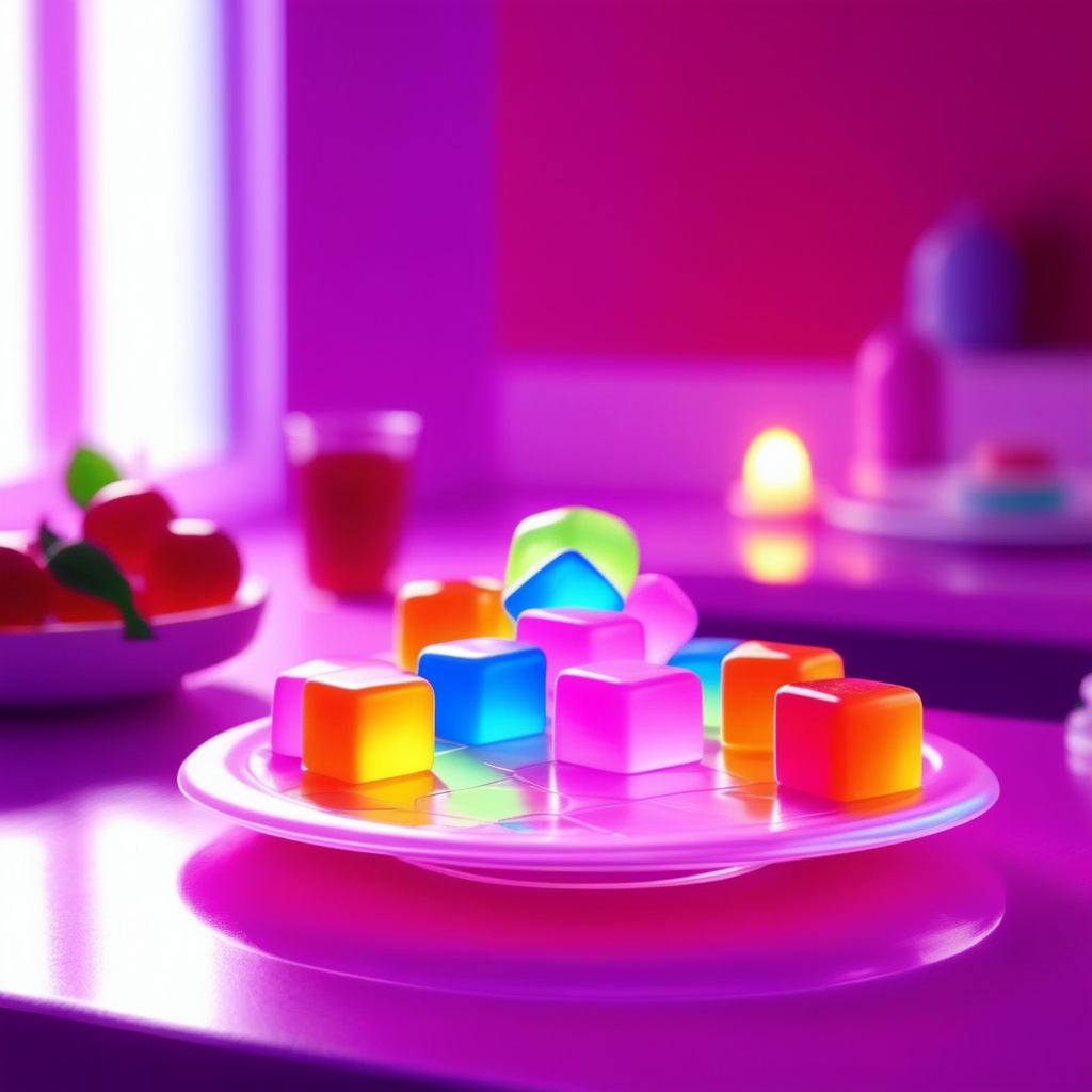 someone left a cute plate with jelly cubes and gummibarchen on the table in the kitchen,  light through window,  decoratio...