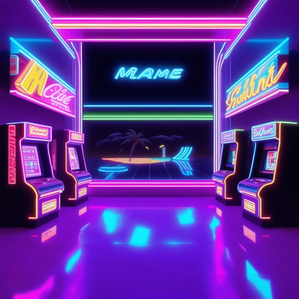 videogame arcade place,  all screens display neon light miami beach hologram action game,  1980s on Tensor.Art
