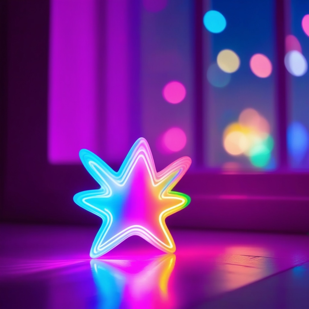 a plastic fairy-wand toy with a plastic colorful rainbow-glow left on the white reflective wooden table in the night,  win...