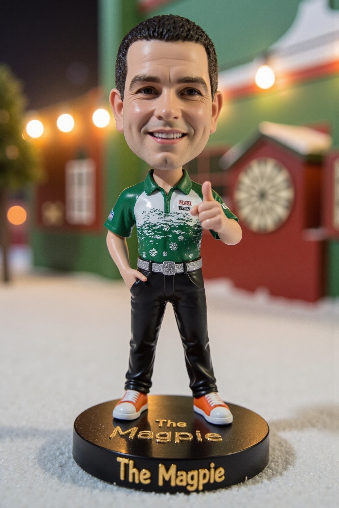 A high-resolution photo of a detailed,  miniature bobblehead action figure of w0c,  a man standing on a round on Tensor.Art
