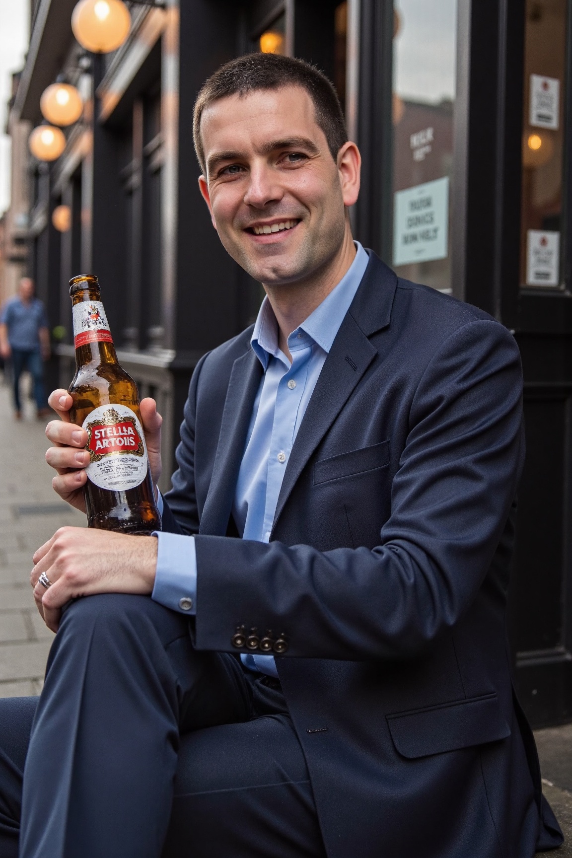 A high-resolution photograph of w0c,  a man sitting outside a pub in Dublin. He is wearing a smart suit,  holding a bottle...