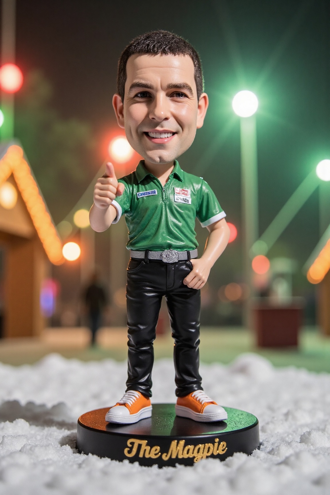A high-resolution photo of a detailed,  miniature bobblehead action figure of w0c,  a man standing on a round on Tensor.Art