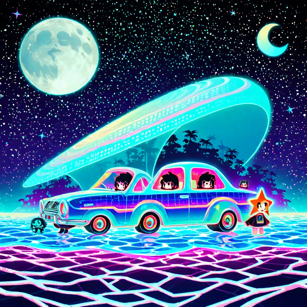miami beach hologram,  adorable BLACK RED FORD CLASSIC CAR turned to opposite side ,  synthwave london road on Tensor.Art