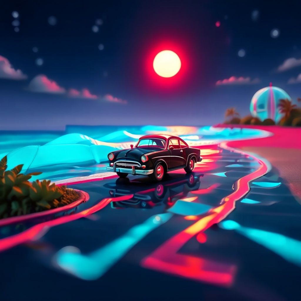 miami beach hologram,  adorable BLACK RED FORD CLASSIC CAR turned to opposite side ,  synthwave london road on Tensor.Art