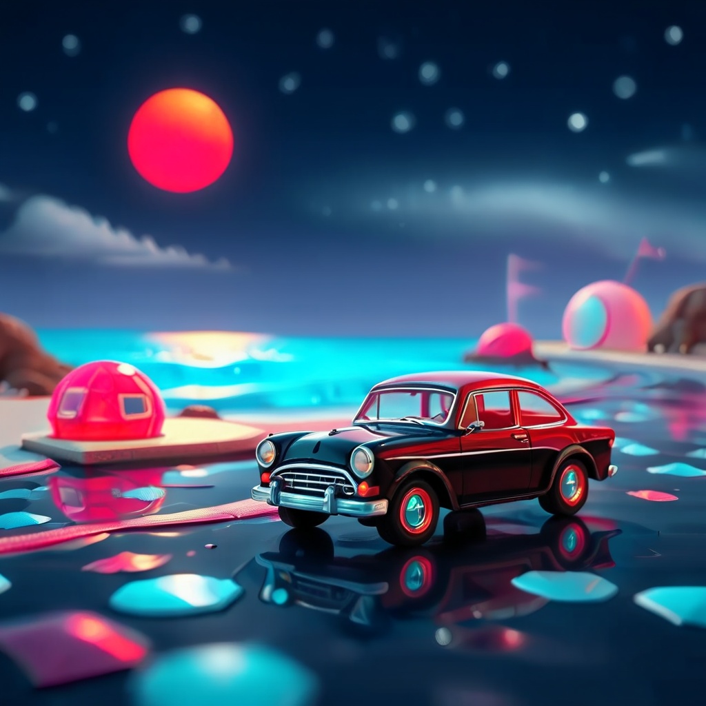 miami beach hologram,  adorable BLACK RED FORD CLASSIC CAR ,  synthwave london road on Tensor.Art
