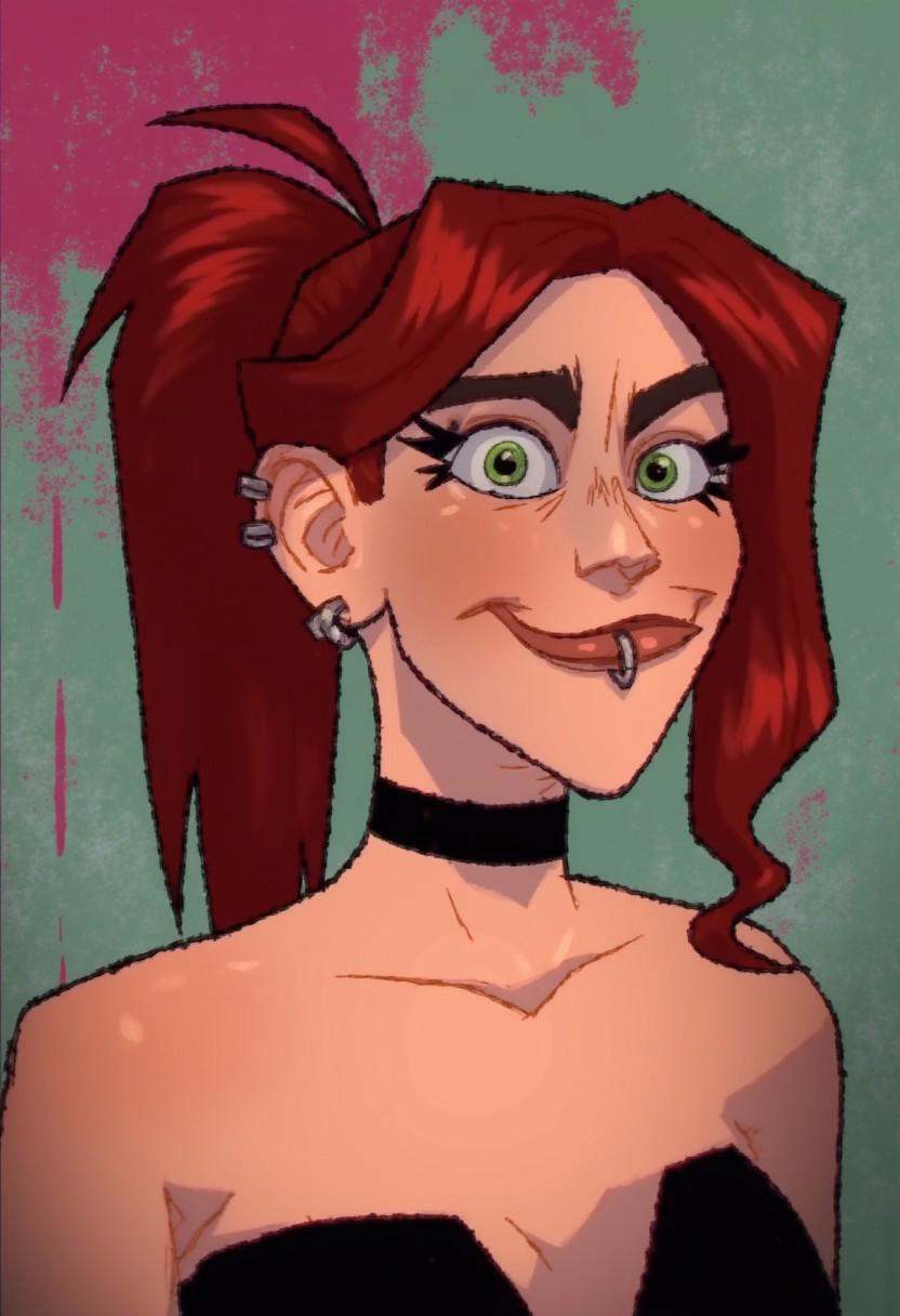 retro art image of tc_val. She has some of her crimson-colored hair in front of her face and a long ponytail. She has gree...