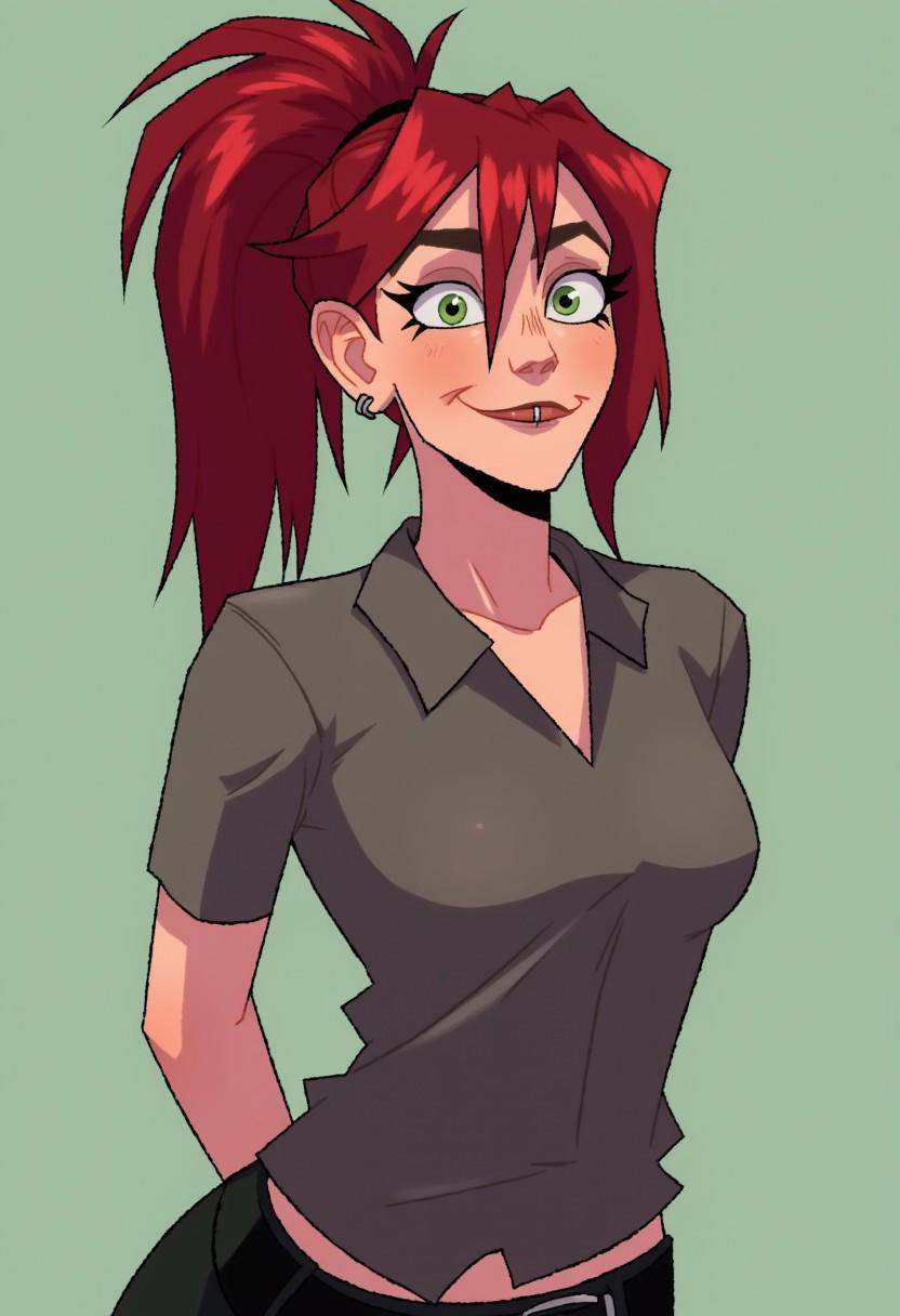 full figure retro anime image of tc_val,  featuring her beautiful green eyes,  pierced lip on Tensor.Art