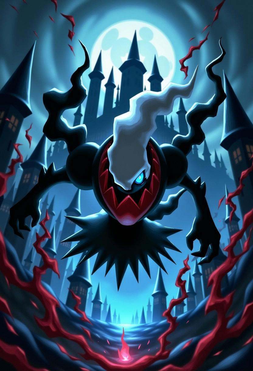 a dark digital illustration of darkraiXL with blue eyes,  floating in the foreground with a hellscape castle in the backgr...